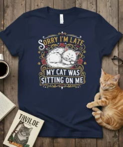 Sorry I'm Late My Cat Was Sitting On Me humorous quote t-shirt design with a sleeping white cat graphic and