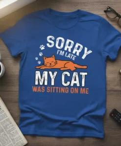 Sorry I'm Late My Cat Was Sitting On Me text with illustration of an orange cat sleeping on a blue