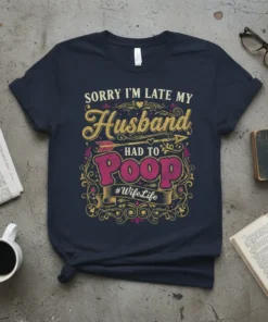 Sorry I'm Late My Husband Had To Poop #WifeLife text design on a navy t-shirt with ornate gold and pink