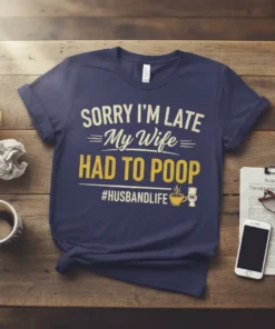 Navy blue t-shirt with "SORRY I'M LATE My Wife HAD TO POOP #HUSBANDLIFE" text in white and yellow, featuring a