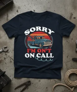 Navy t-shirt with "SORRY I'M ON'T ON CALL" text and vintage tow truck graphic