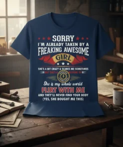 Sorry I'm Already Taken By A Freaking Awesome Girl quote on a navy blue t-shirt, featuring bold red and white