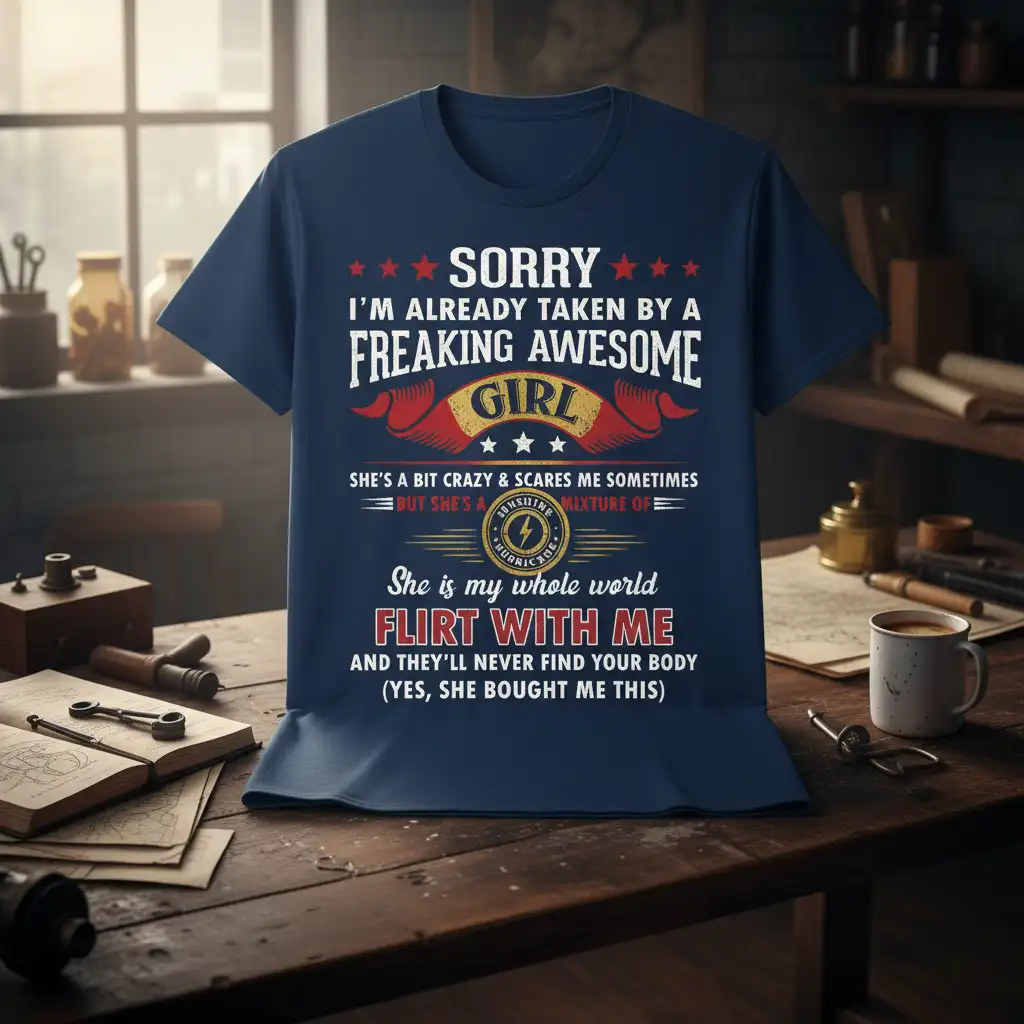 Sorry I'm Already Taken By A Freaking Awesome Girl quote and graphic on a navy blue t-shirt, perfect for boyfriends.||