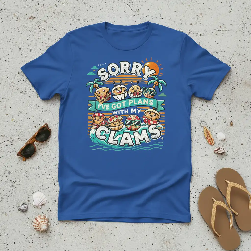 Sorry I've Got Plans With My Clams text and cartoon clam characters on a blue t-shirt design