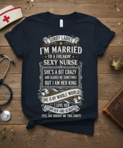 Dark navy t-shirt with distressed white text: "Sorry Ladies I'm Married To A Freakin' Sexy Nurse. She's A Bit Crazy