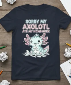 Cute axolotl graphic with text "Sorry My Axolotl Ate My Homework" on a navy t-shirt