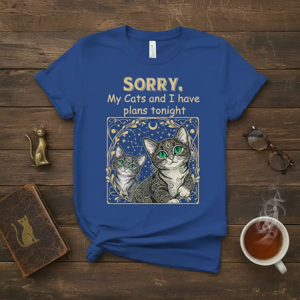 SORRY. My Cats and I have plans tonight quote on a royal blue t-shirt with a detailed cat graphic