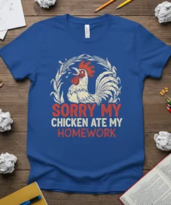 Graphic tee with "Sorry My Chicken Ate My Homework" text and a distressed rooster illustration, framed by wheat stalks