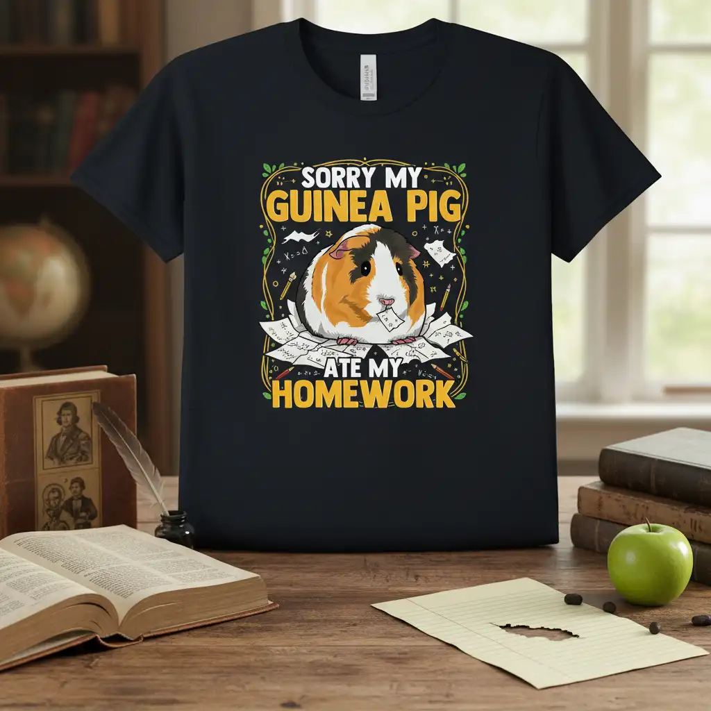 Sorry My Guinea Pig Ate My Homework quote with guinea pig graphic on black t-shirt