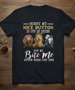 Sorry My Nice Button Is Out Of Order But My Bite Me Button Works Just Fine text design with three