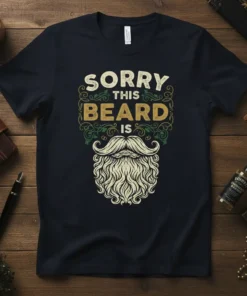Sorry This Beard Is text with a detailed beard graphic on a navy t-shirt
