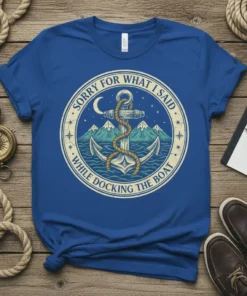 Sorry For What I Said While Docking The Boat t-shirt with anchor, moon, and mountains graphic