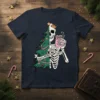Navy t-shirt featuring a skeleton dressed as a Christmas tree, holding hot cocoa, with "Sorta Merry Sorta Scary" text
