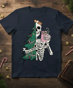 Navy t-shirt featuring a skeleton dressed as a Christmas tree, holding hot cocoa, with "Sorta Merry Sorta Scary" text