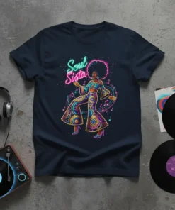 Soul Sista t-shirt with a 70s disco queen graphic in vibrant neon colors and musical notes
