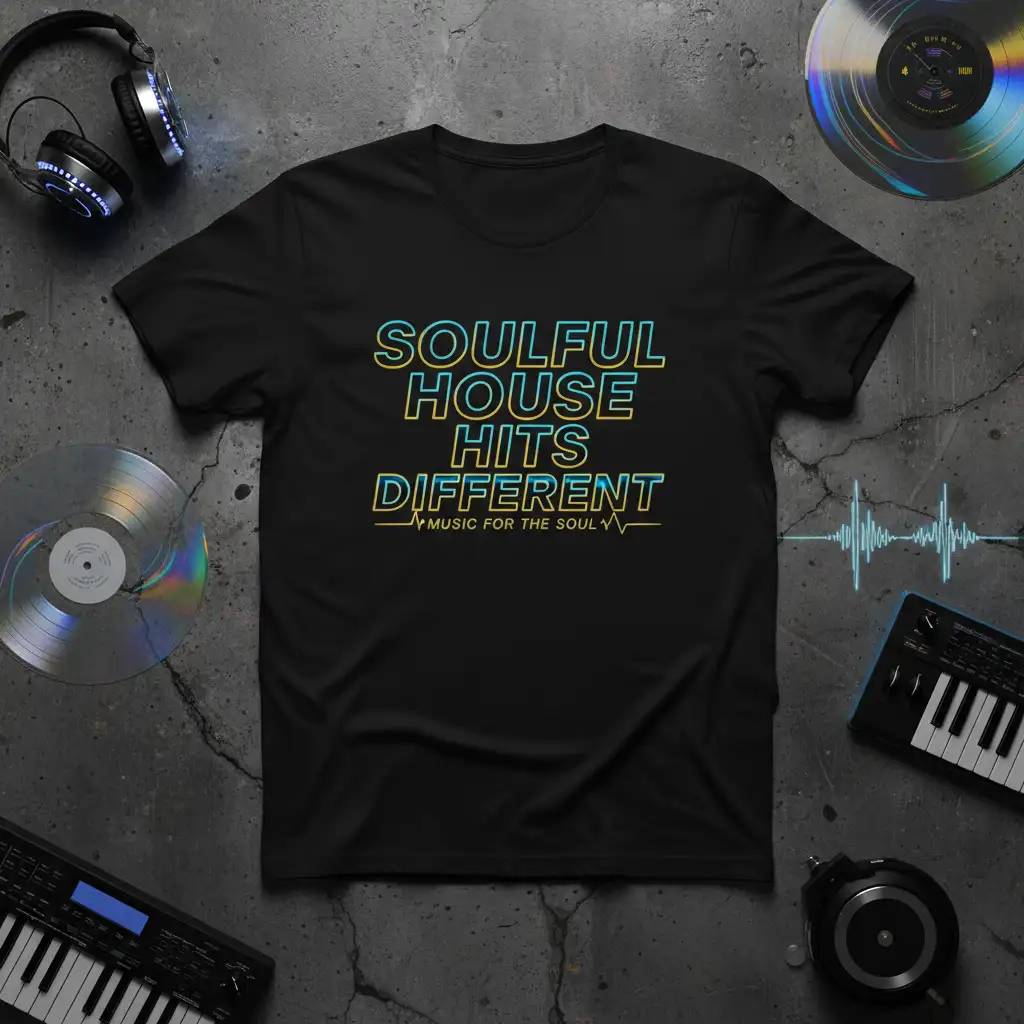 SOULFUL HOUSE HITS DIFFERENT MUSIC FOR THE SOUL text in neon gradient on a black t-shirt