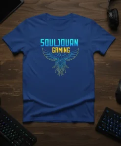 SOULJOURN GAMING T-Shirt with a blue phoenix graphic and tech circuit design