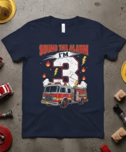 Sound the Alarm I'm 3 birthday t-shirt with a red and yellow fire truck graphic and flames around the number