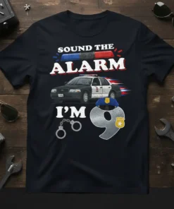 Sound The Alarm I'm 9 birthday t-shirt with a police car graphic and handcuffs, celebrating a 9th birthday