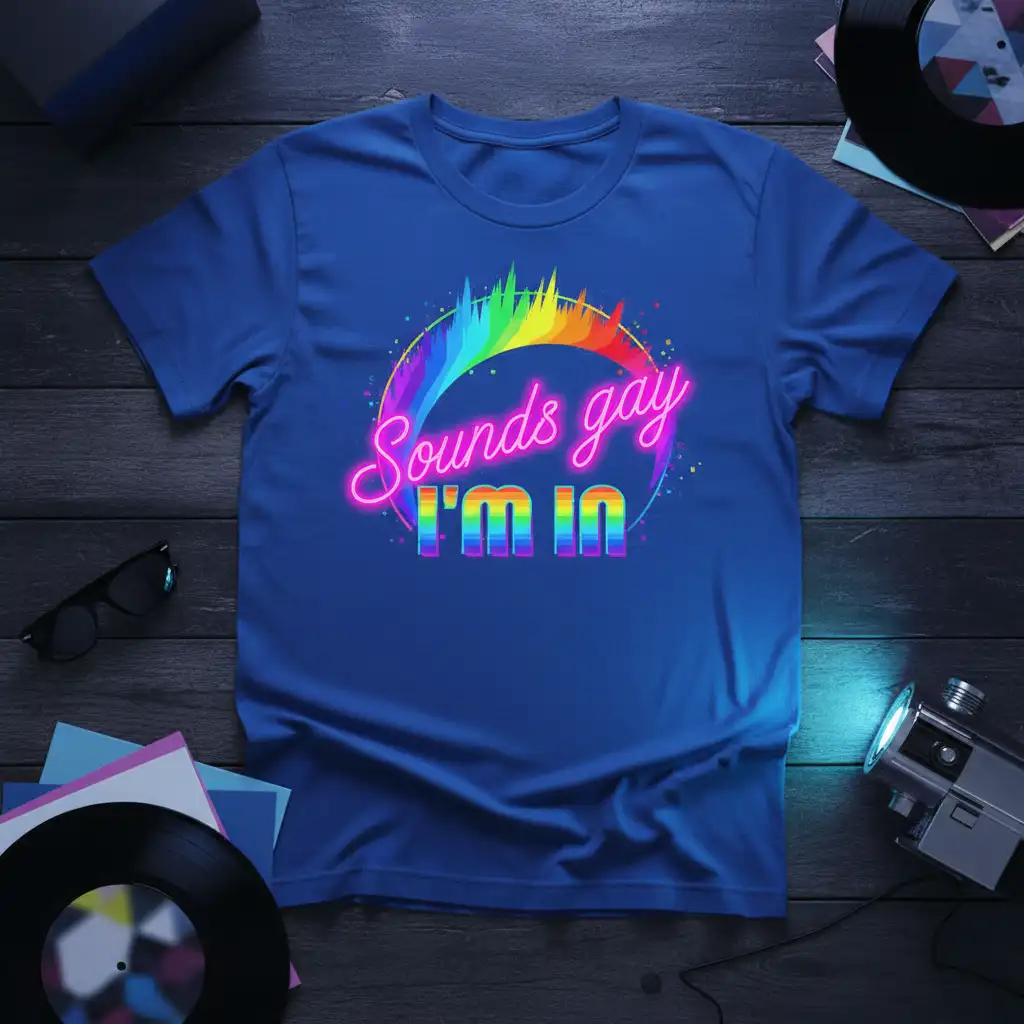Sounds gay I'm in phrase with rainbow equalizer graphic on a royal blue tee
