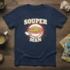 Souper Man t-shirt design featuring text and a bowl of soup with a spoon