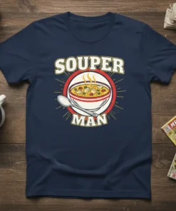 Souper Man t-shirt design featuring text and a bowl of soup with a spoon