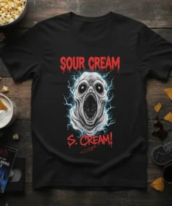 Sour Cream S. Cream! horror movie quote t-shirt design with a screaming skull graphic and lightning