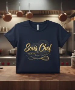 Gold glitter text "Sous Chef" with kitchen knife and whisk graphic on a navy blue t-shirt