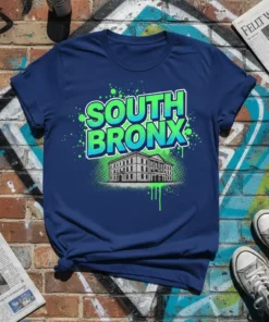 South Bronx NYC urban district graphic tee with bold green and blue text and building illustration
