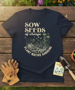 Sow Seeds of Change Plant Native Gardens text with floral and butterfly graphics on a navy t-shirt