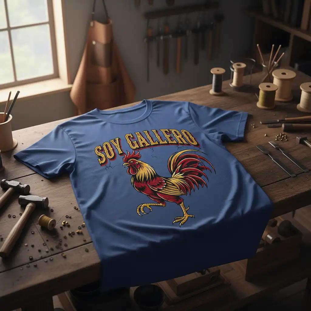 Soy Gallero Spanish phrase with a detailed rooster graphic, cultural pride apparel