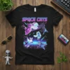 Black t-shirt with "SPACE CATS" in neon font and illustrated cats floating in space with planets and stars