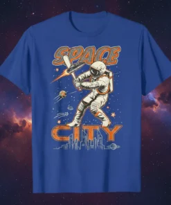 Space City t-shirt design featuring an astronaut swinging a baseball bat in outer space with planets and stars