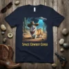 Space Cowboy Corgi T-Shirt featuring a corgi in a cowboy hat under a UFO beam in a desert landscape