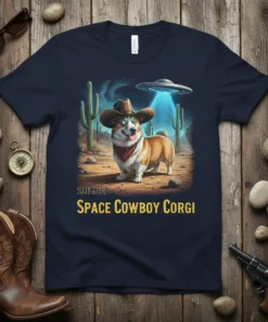 Space Cowboy Corgi T-Shirt featuring a corgi in a cowboy hat under a UFO beam in a desert landscape