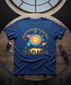 How Do You Organize A Space Party? You Planet! t-shirt with smiling sun and planets graphic