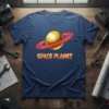 Space Planet T-Shirt with golden planet and neon red rings, bold yellow text below