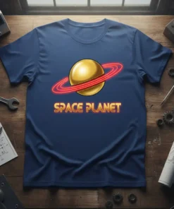 Space Planet T-Shirt with golden planet and neon red rings, bold yellow text below