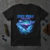 SPACE WHALE OCEAN OF STARS text with a blue and purple neon cybernetic whale swimming through a swirling nebula and