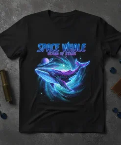 SPACE WHALE OCEAN OF STARS text with a blue and purple neon cybernetic whale swimming through a swirling nebula and