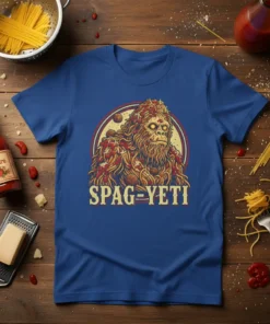 Spag-Yeti design featuring a Bigfoot character covered in spaghetti and meatballs, with the text SPAG=YETI below