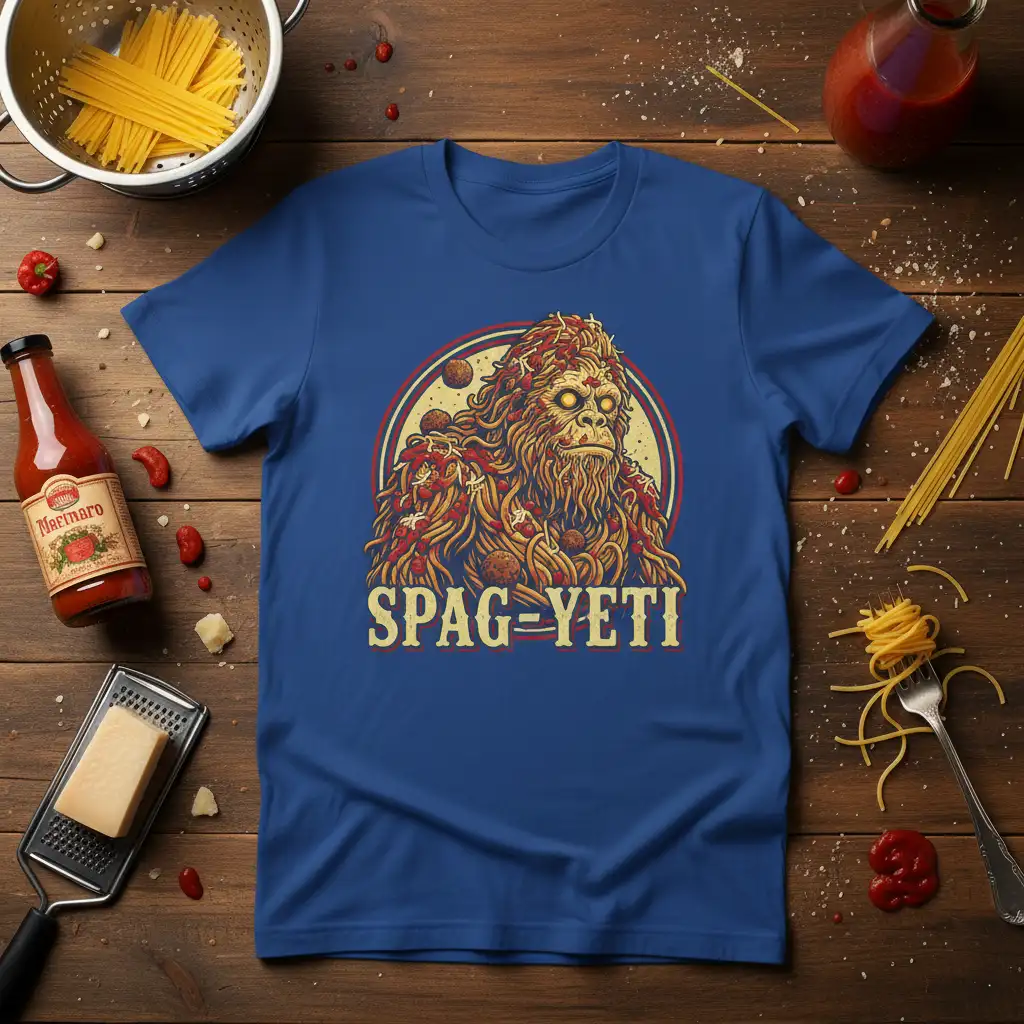 Spag-Yeti Bigfoot covered in spaghetti and meatballs, with SPAG=YETI text on a blue tee