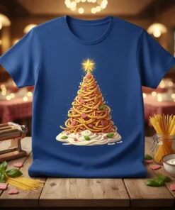 Spaghetti Christmas Tree T-Shirt design featuring a festive pasta tree adorned with heart shapes and a golden star