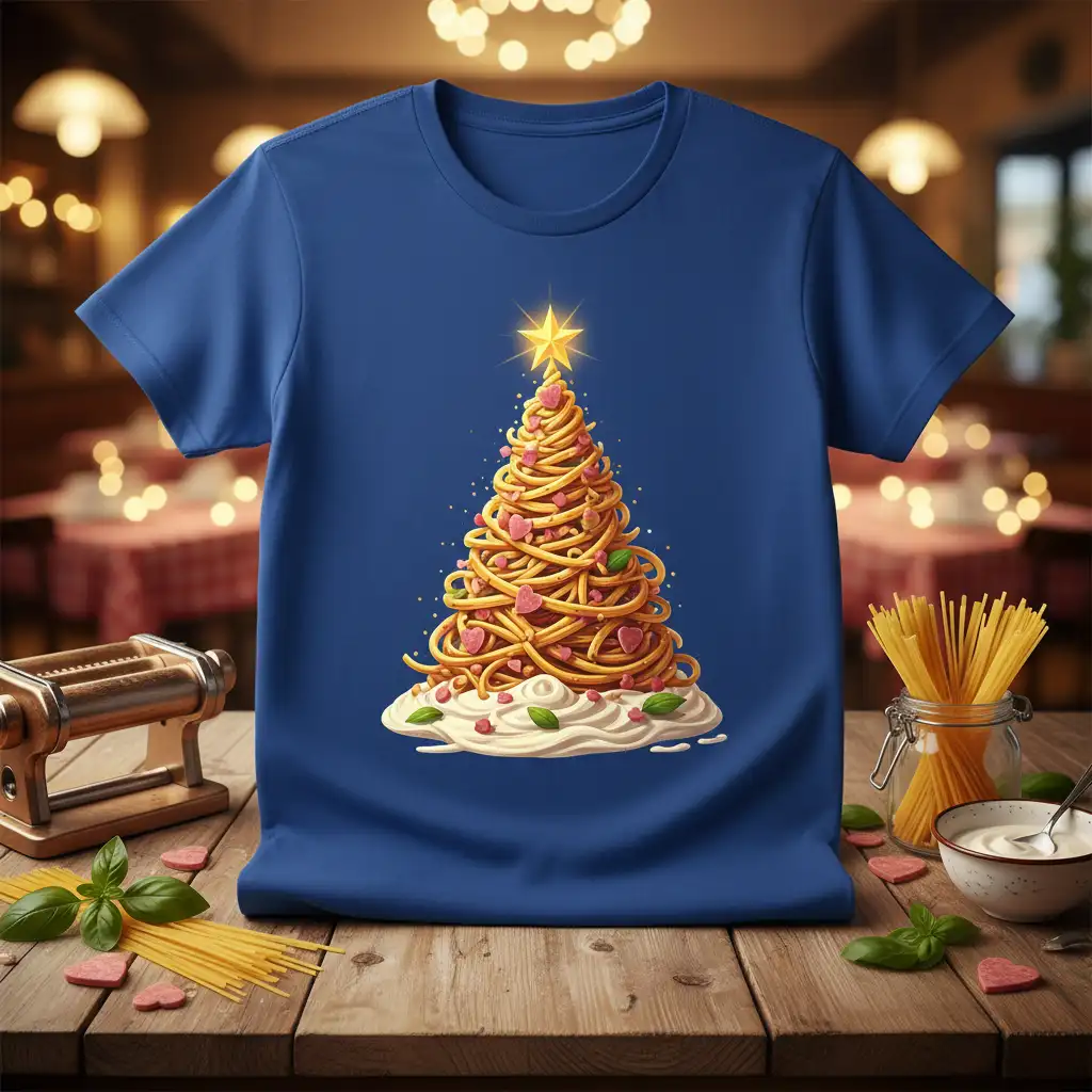 Spaghetti Christmas Tree graphic with heart decorations and a star, ideal for holiday food lovers
