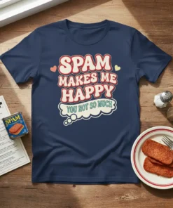 Retro design t-shirt with text "SPAM MAKES ME HAPPY YOU NOT SO MUCH" in wavy fonts and colors, featuring small