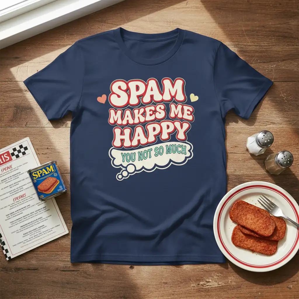 Spam Makes Me Happy You Not So Much quote on a retro style navy blue t-shirt design
