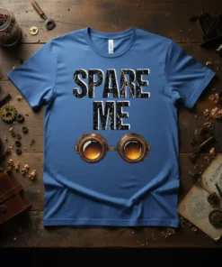 Spare Me Steampunk Goggles T-Shirt with distressed text and vintage goggles graphic