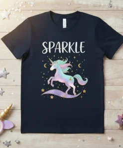 Sparkle unicorn t-shirt with flowing mane and tail, surrounded by stars and moons, on a navy blue shirt