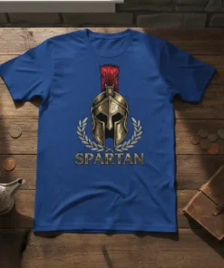 Spartan Helmet Warrior t-shirt design featuring a golden helmet with a red plume, surrounded by a laurel wreath, and the