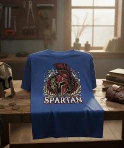 Spartan T-Shirt featuring a red and gold Spartan helmet with laurel wreath and the word SPARTAN in distressed white text